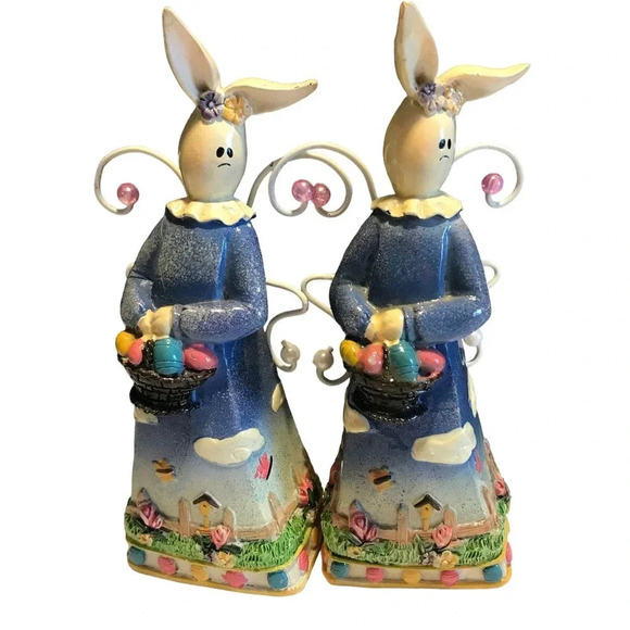 Vintage Wooden Figurines Easter Bunnies with eggs baskets decorative 2 pcs lot - Picture 1 of 4
